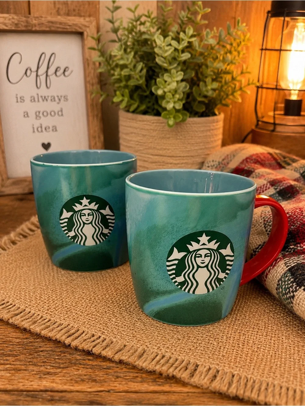 Starbucks Teal Ombre Ceramic Mugs with Red Accent Handle (Pair)